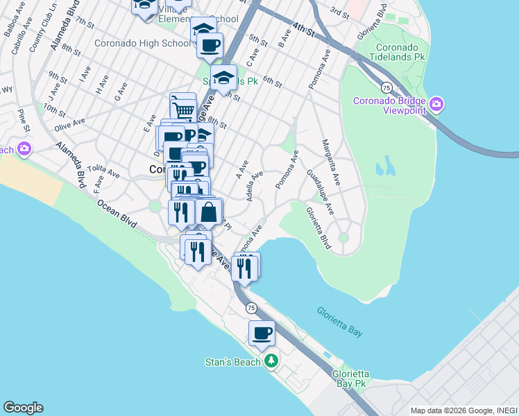 map of restaurants, bars, coffee shops, grocery stores, and more near 1536 10th Street in Coronado