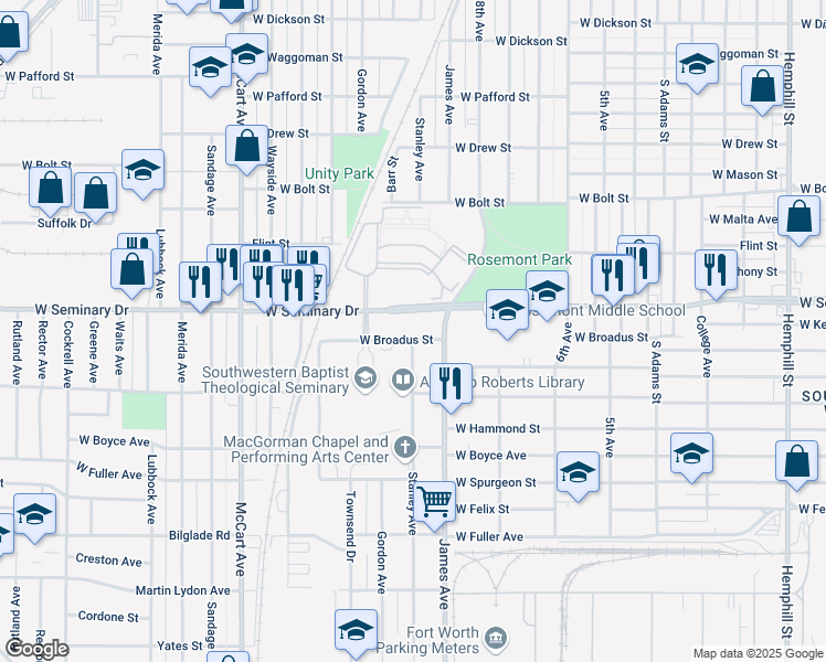 map of restaurants, bars, coffee shops, grocery stores, and more near 1809 West Broadus Street in Fort Worth