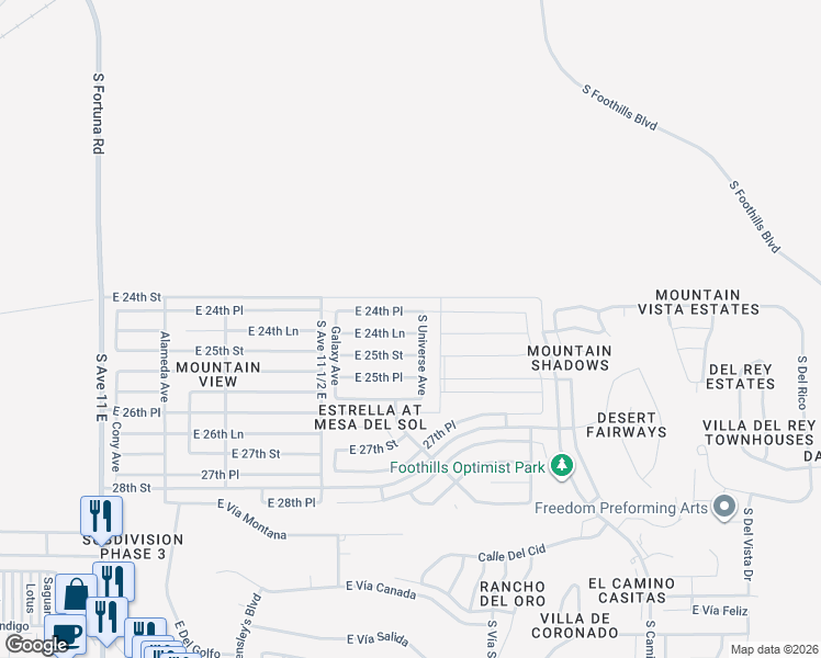 map of restaurants, bars, coffee shops, grocery stores, and more near 11647 East 24th Lane in Yuma