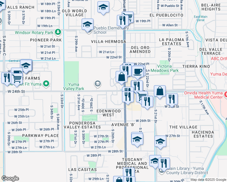 map of restaurants, bars, coffee shops, grocery stores, and more near 2403 S 27th Ave in Yuma