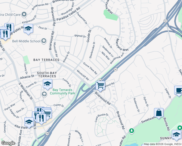 map of restaurants, bars, coffee shops, grocery stores, and more near 2435 Spring Oak Way in San Diego