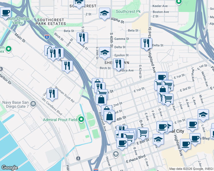 map of restaurants, bars, coffee shops, grocery stores, and more near 3909 Marine View Avenue in San Diego