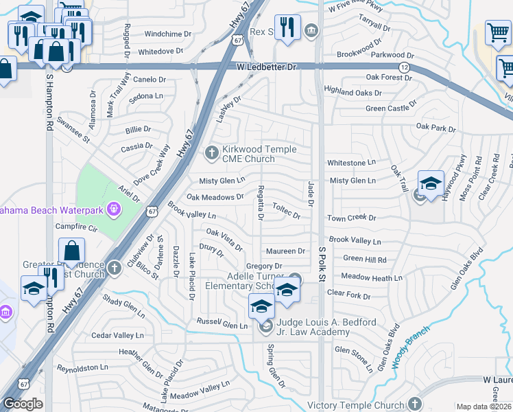 map of restaurants, bars, coffee shops, grocery stores, and more near 1433 Brook Valley Place in Dallas