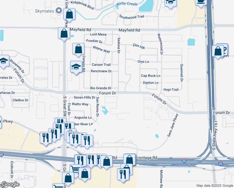 map of restaurants, bars, coffee shops, grocery stores, and more near 3558 Sedona Drive in Grand Prairie
