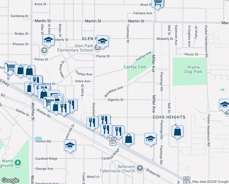 map of restaurants, bars, coffee shops, grocery stores, and more near 3708 Brookline Avenue in Fort Worth
