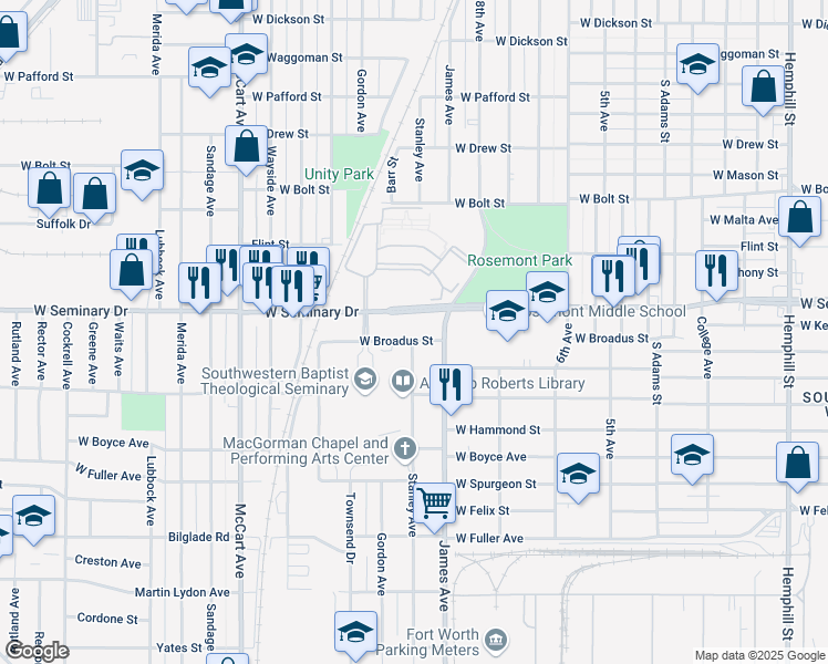 map of restaurants, bars, coffee shops, grocery stores, and more near 1809 West Broadus Street in Fort Worth