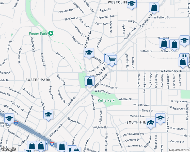 map of restaurants, bars, coffee shops, grocery stores, and more near 4401 Trail Lake Drive in Fort Worth
