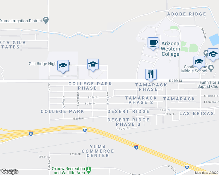 map of restaurants, bars, coffee shops, grocery stores, and more near 2443 Avenue 7 1/2 East in Yuma
