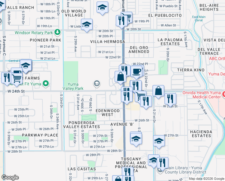 map of restaurants, bars, coffee shops, grocery stores, and more near 2403 S 27th Ave in Yuma