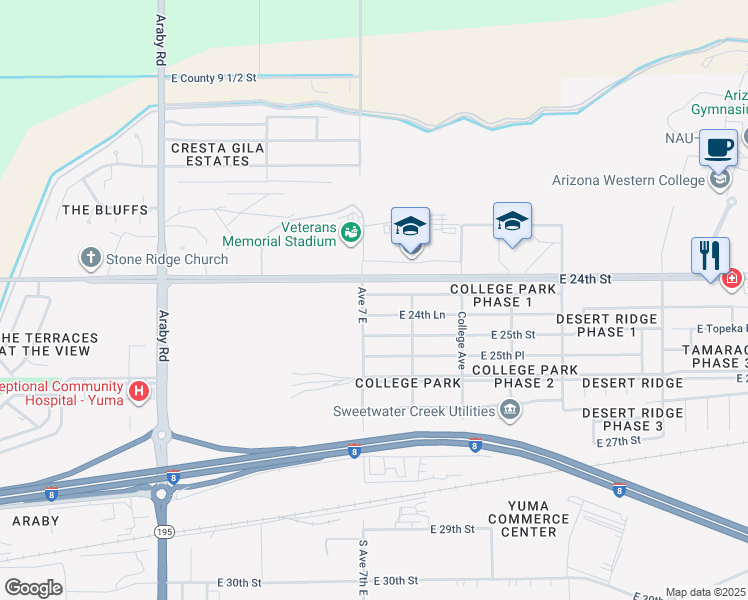 map of restaurants, bars, coffee shops, grocery stores, and more near 7123 East 24th Place in Yuma
