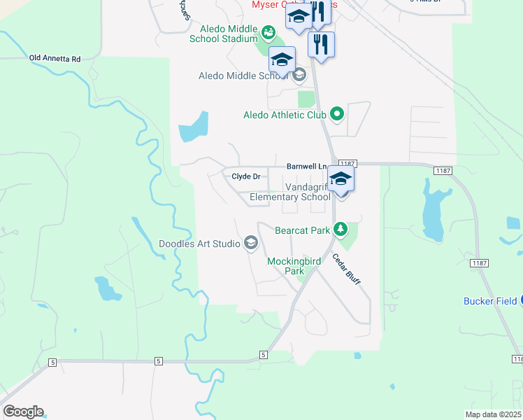 map of restaurants, bars, coffee shops, grocery stores, and more near 330 Howard Way Drive in Aledo