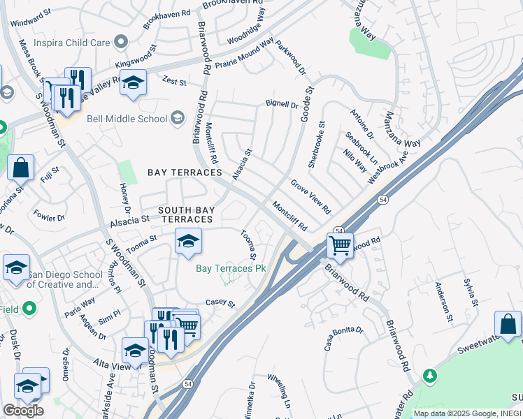 map of restaurants, bars, coffee shops, grocery stores, and more near 7354 Tooma Street in San Diego