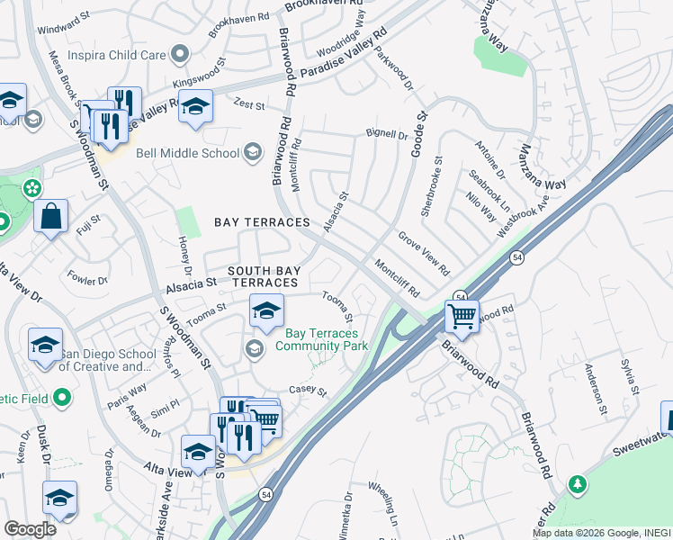 map of restaurants, bars, coffee shops, grocery stores, and more near 7281 Oakham Way in San Diego