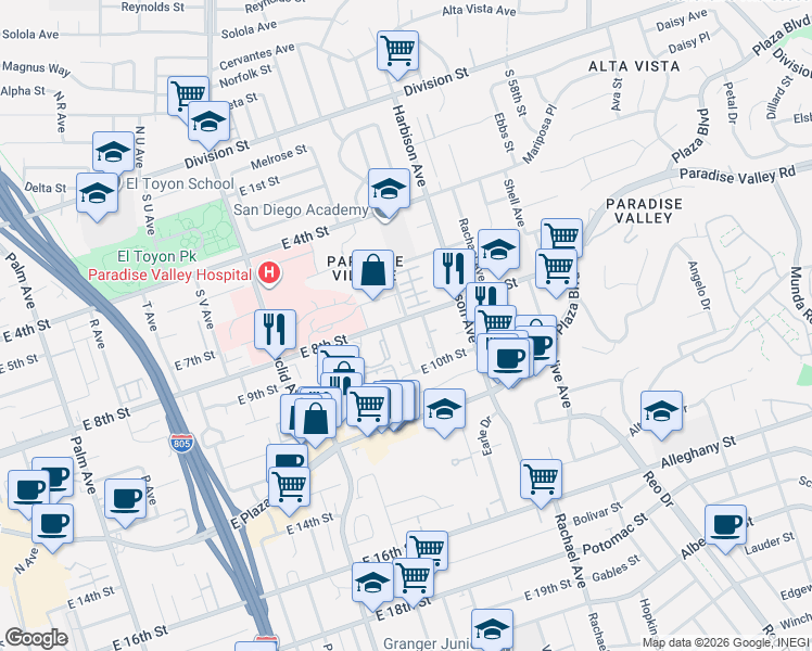 map of restaurants, bars, coffee shops, grocery stores, and more near 2806 East 8th Street in National City