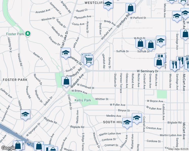 map of restaurants, bars, coffee shops, grocery stores, and more near 4320 Wilson Lane in Fort Worth