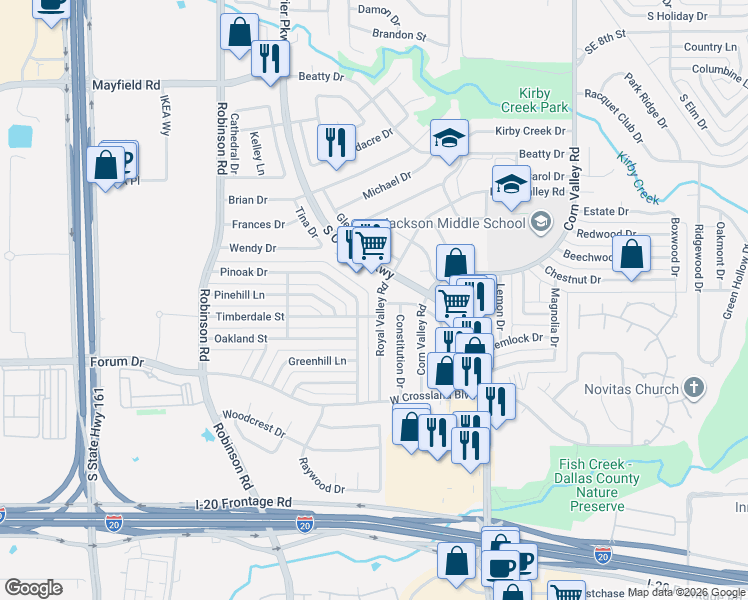map of restaurants, bars, coffee shops, grocery stores, and more near 3707 Constitution Drive in Grand Prairie