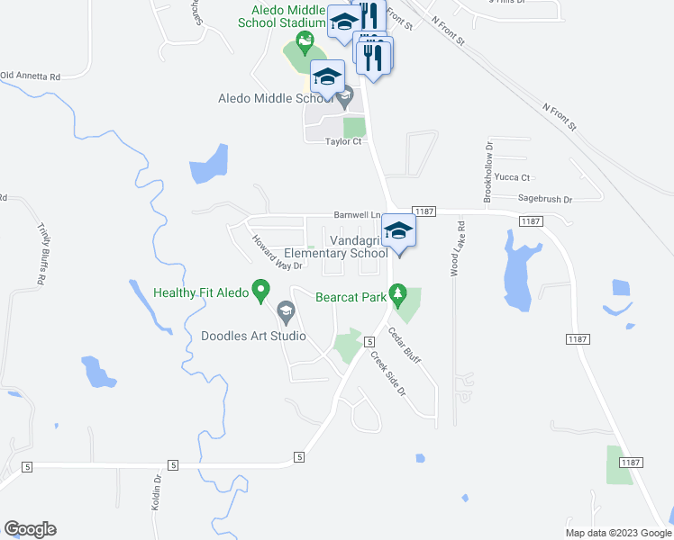 map of restaurants, bars, coffee shops, grocery stores, and more near 134 Taos Loop in Aledo