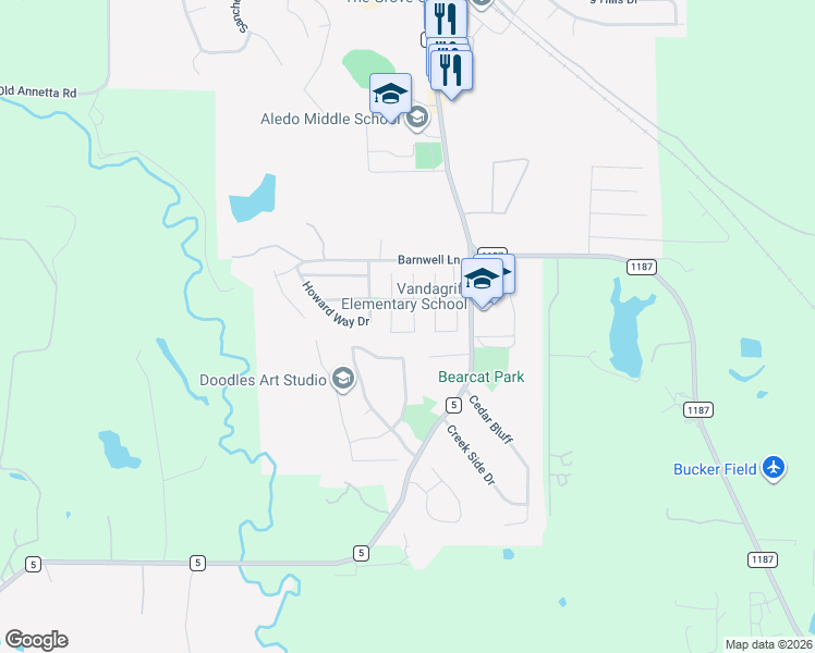 map of restaurants, bars, coffee shops, grocery stores, and more near 134 Taos Loop in Aledo