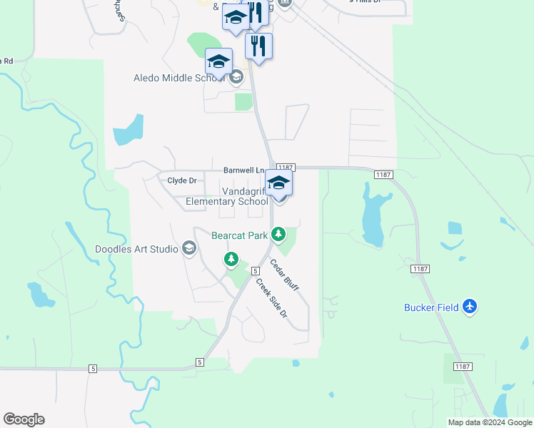 map of restaurants, bars, coffee shops, grocery stores, and more near 133 Aspen Loop in Aledo