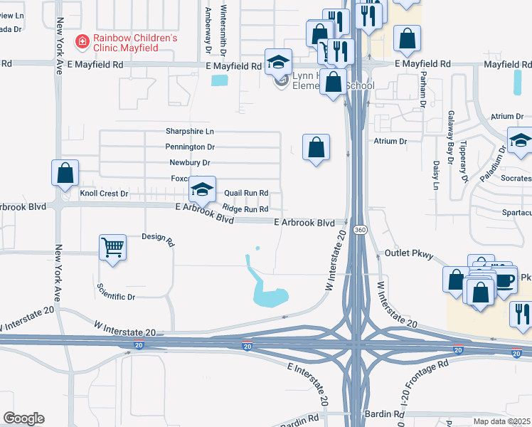 map of restaurants, bars, coffee shops, grocery stores, and more near 2348 Ridge Run Road in Arlington