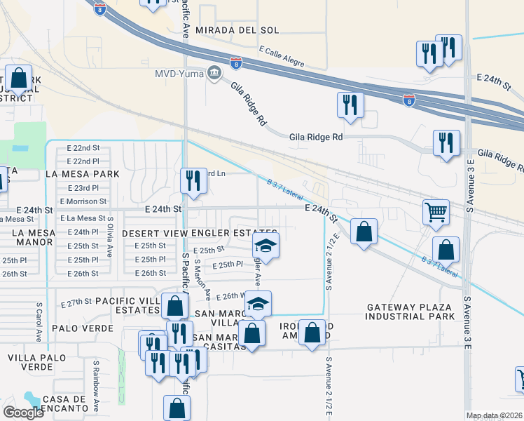 map of restaurants, bars, coffee shops, grocery stores, and more near 2424 South Engler Avenue in Yuma