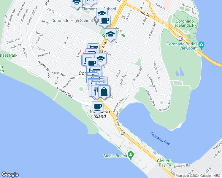 map of restaurants, bars, coffee shops, grocery stores, and more near in San Diego