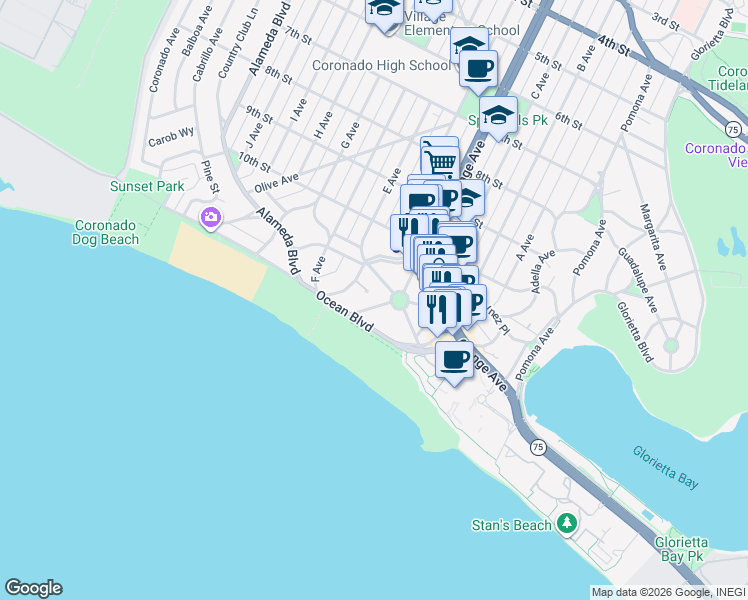 map of restaurants, bars, coffee shops, grocery stores, and more near 1040 Loma Avenue in Coronado