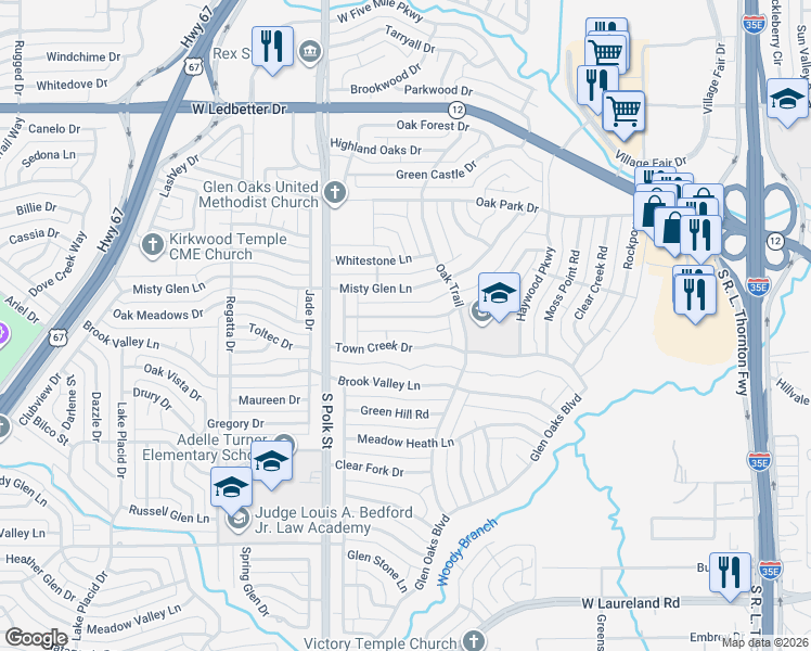 map of restaurants, bars, coffee shops, grocery stores, and more near 729 Town Creek Drive in Dallas