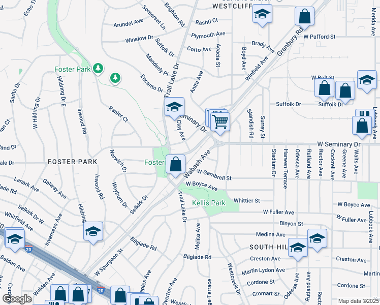 map of restaurants, bars, coffee shops, grocery stores, and more near 4401 Trail Lake Drive in Fort Worth