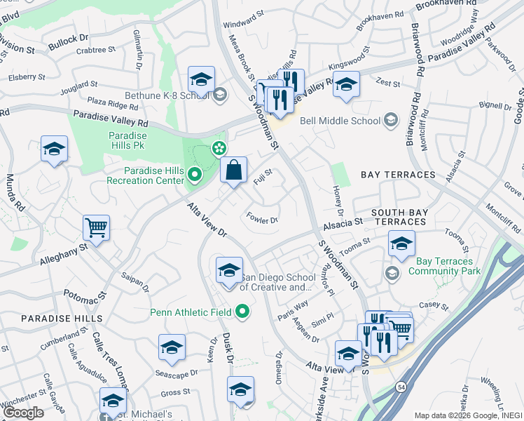 map of restaurants, bars, coffee shops, grocery stores, and more near 2164 Jamie Avenue in San Diego