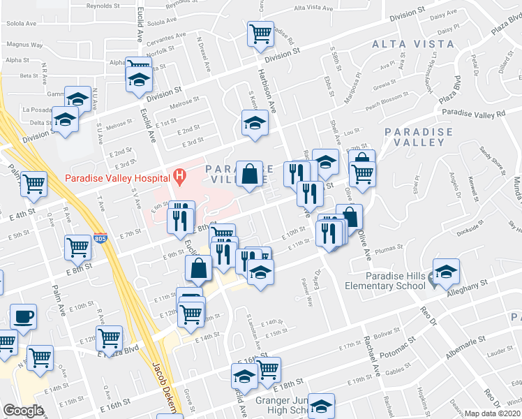 map of restaurants, bars, coffee shops, grocery stores, and more near 693 Arcadia Place in National City