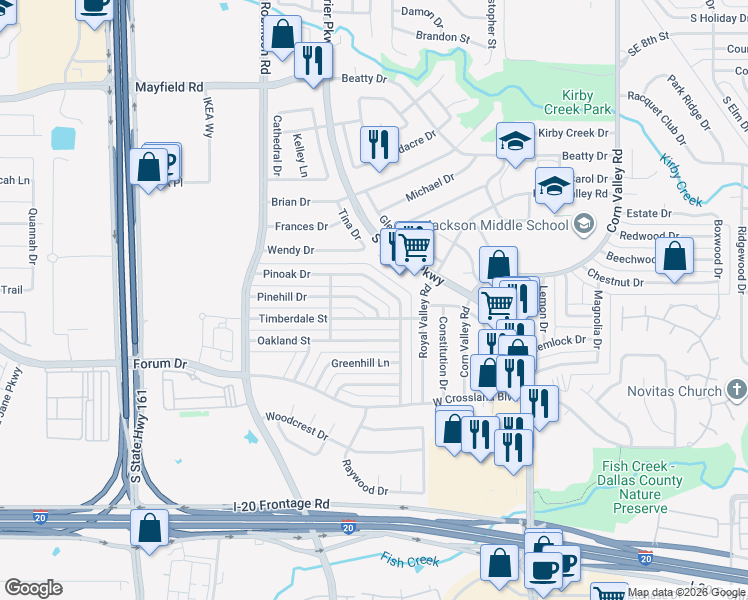 map of restaurants, bars, coffee shops, grocery stores, and more near 705 Pinehill Drive in Grand Prairie