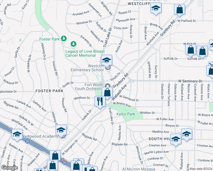 map of restaurants, bars, coffee shops, grocery stores, and more near 4359 Trail Lake Drive in Fort Worth