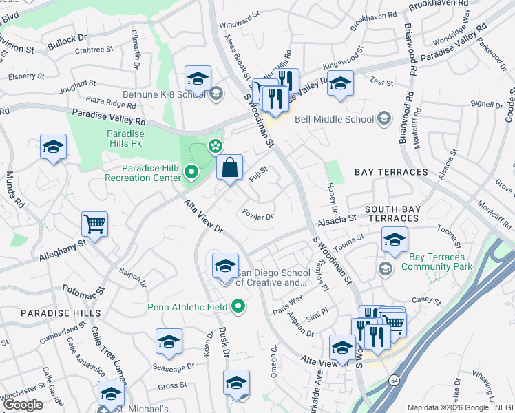 map of restaurants, bars, coffee shops, grocery stores, and more near 2164 Jamie Avenue in San Diego
