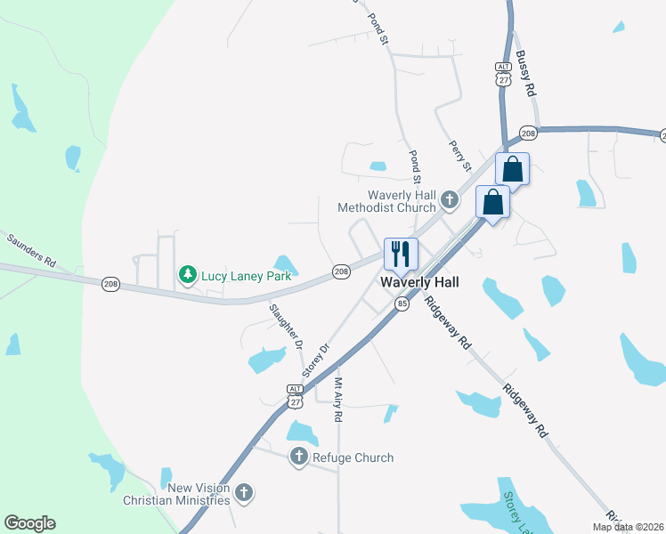 map of restaurants, bars, coffee shops, grocery stores, and more near 7178 West Old Wire Road in Waverly Hall