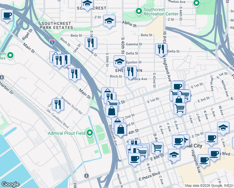 map of restaurants, bars, coffee shops, grocery stores, and more near 3934 Marine View Avenue in San Diego