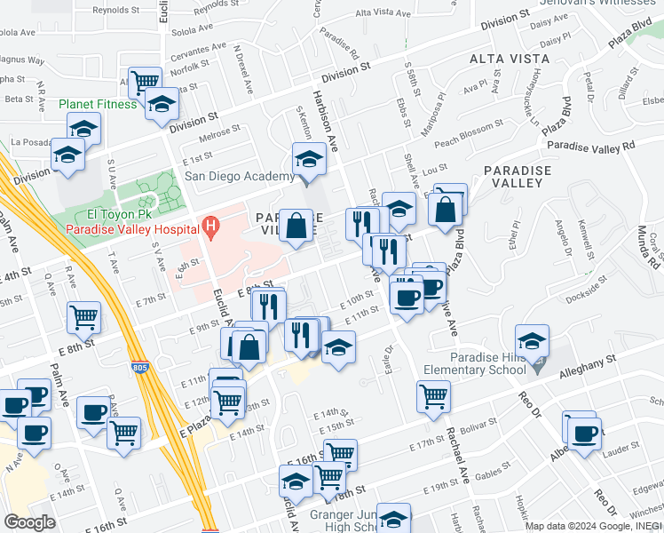 map of restaurants, bars, coffee shops, grocery stores, and more near 2912 East 8th Street in National City