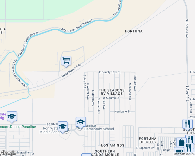 map of restaurants, bars, coffee shops, grocery stores, and more near S Summer Ave in Yuma