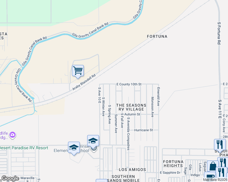map of restaurants, bars, coffee shops, grocery stores, and more near S Summer Ave in Yuma