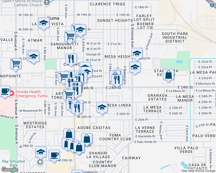 map of restaurants, bars, coffee shops, grocery stores, and more near 111 East 24th Street in Yuma