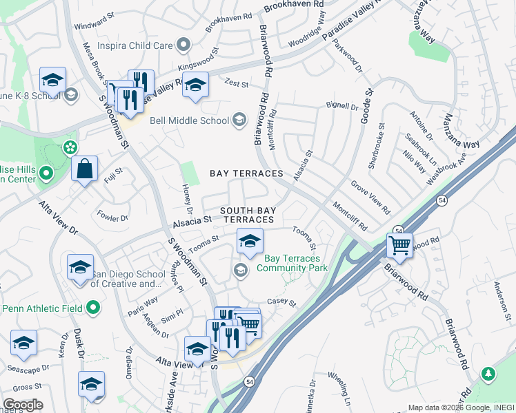 map of restaurants, bars, coffee shops, grocery stores, and more near 7154 Cottington Lane in San Diego