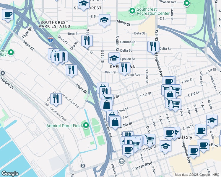 map of restaurants, bars, coffee shops, grocery stores, and more near 3909 Marine View Avenue in San Diego