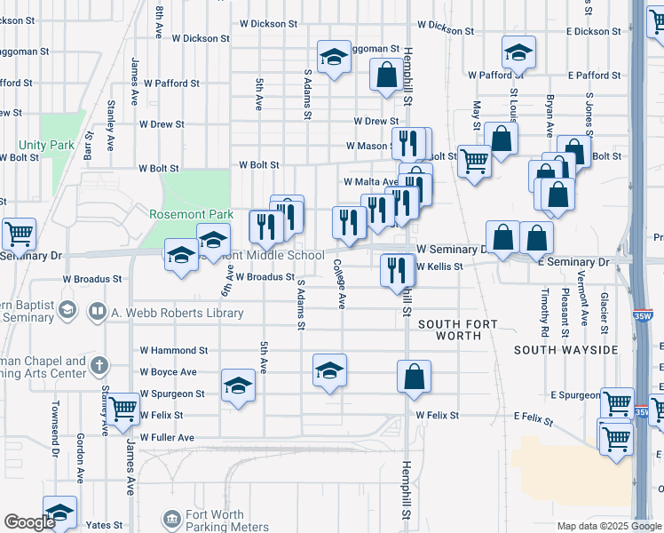 map of restaurants, bars, coffee shops, grocery stores, and more near 1000 West Broadus Street in Fort Worth