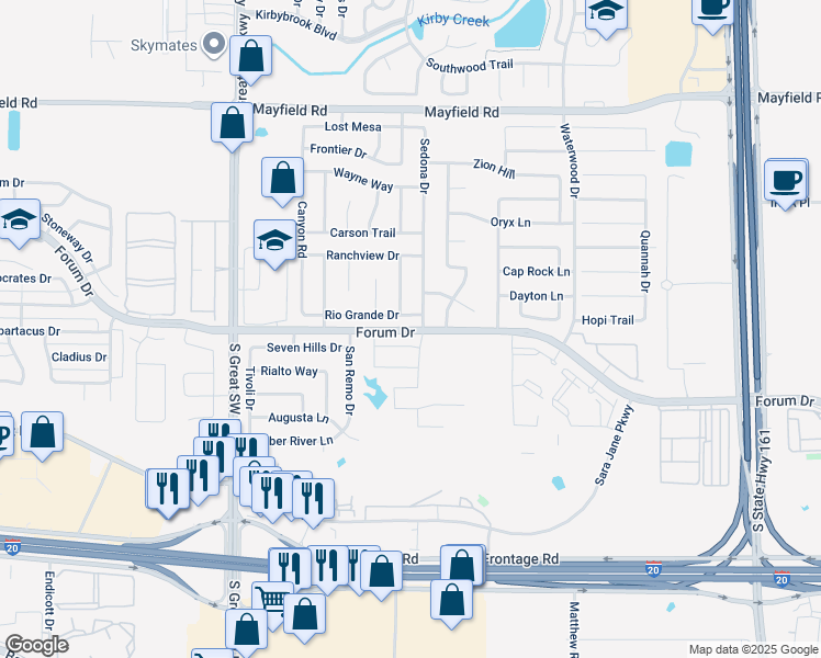 map of restaurants, bars, coffee shops, grocery stores, and more near Forum Drive in Grand Prairie