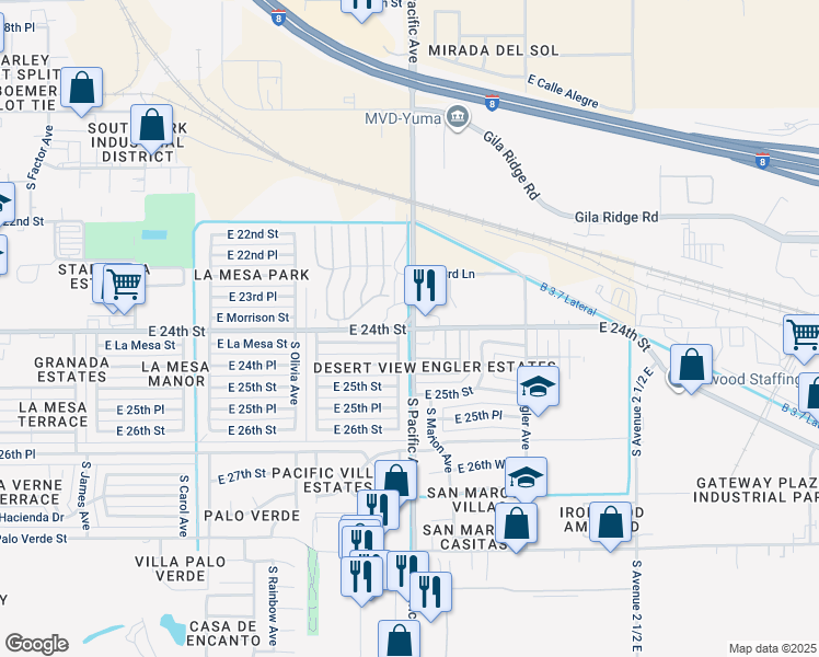 map of restaurants, bars, coffee shops, grocery stores, and more near S Pacific Ave & E 24th St in Yuma