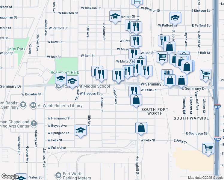 map of restaurants, bars, coffee shops, grocery stores, and more near 1000 West Broadus Street in Fort Worth