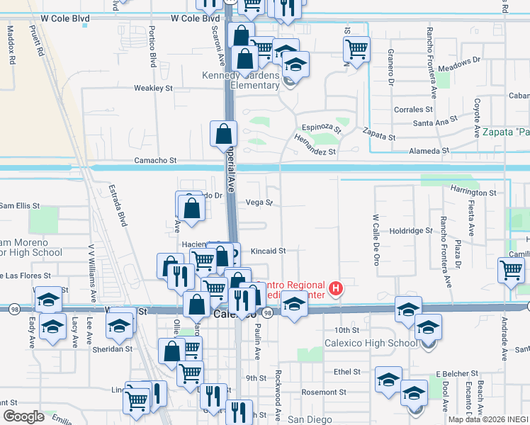 map of restaurants, bars, coffee shops, grocery stores, and more near 1623 Rockwood Avenue in Calexico
