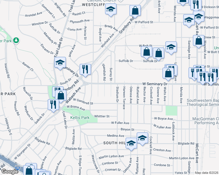 map of restaurants, bars, coffee shops, grocery stores, and more near 4308 Surrey Street in Fort Worth