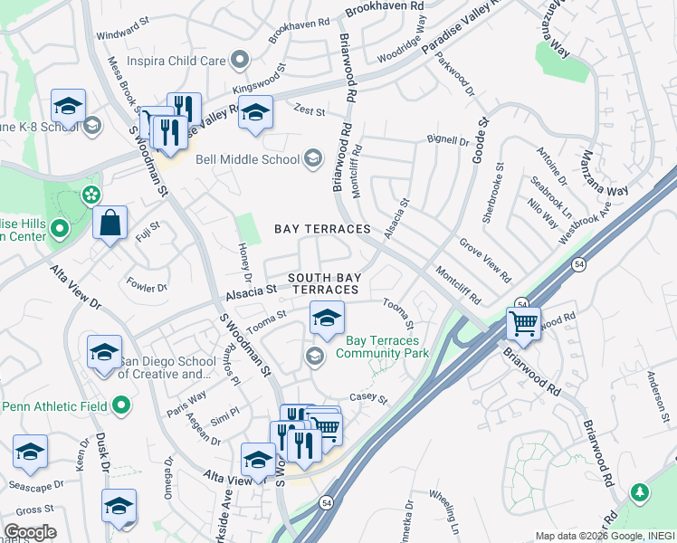 map of restaurants, bars, coffee shops, grocery stores, and more near 7154 Cottington Lane in San Diego