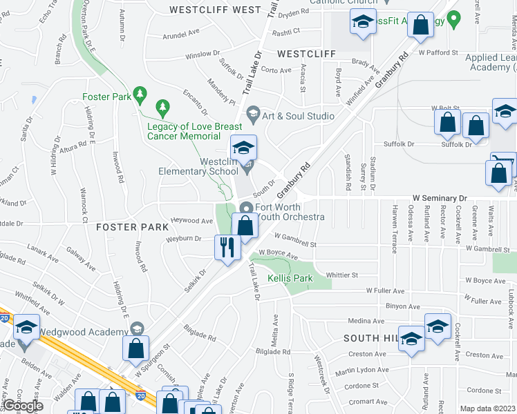 map of restaurants, bars, coffee shops, grocery stores, and more near 4354 Clay Avenue in Fort Worth